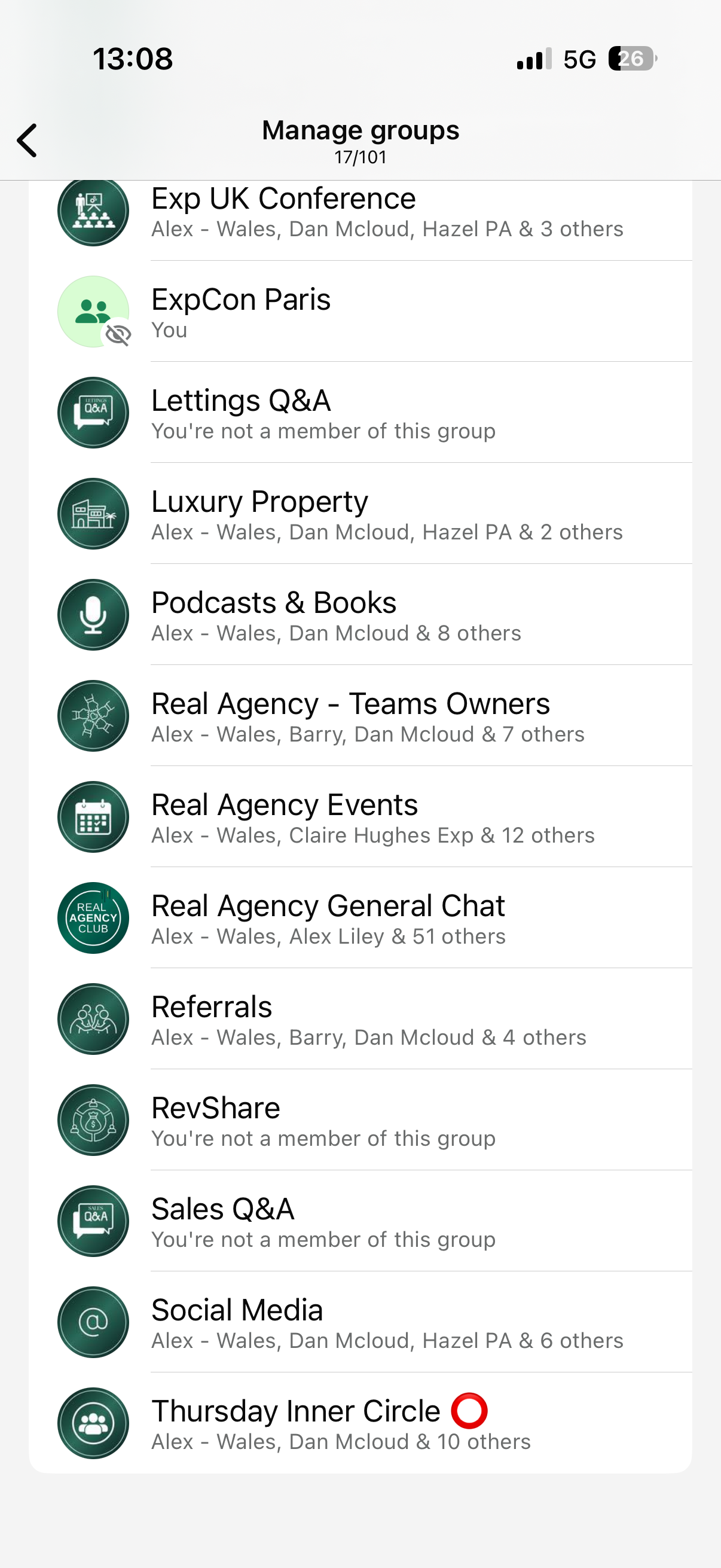 The WhatsApp group list inside the Real Agency community