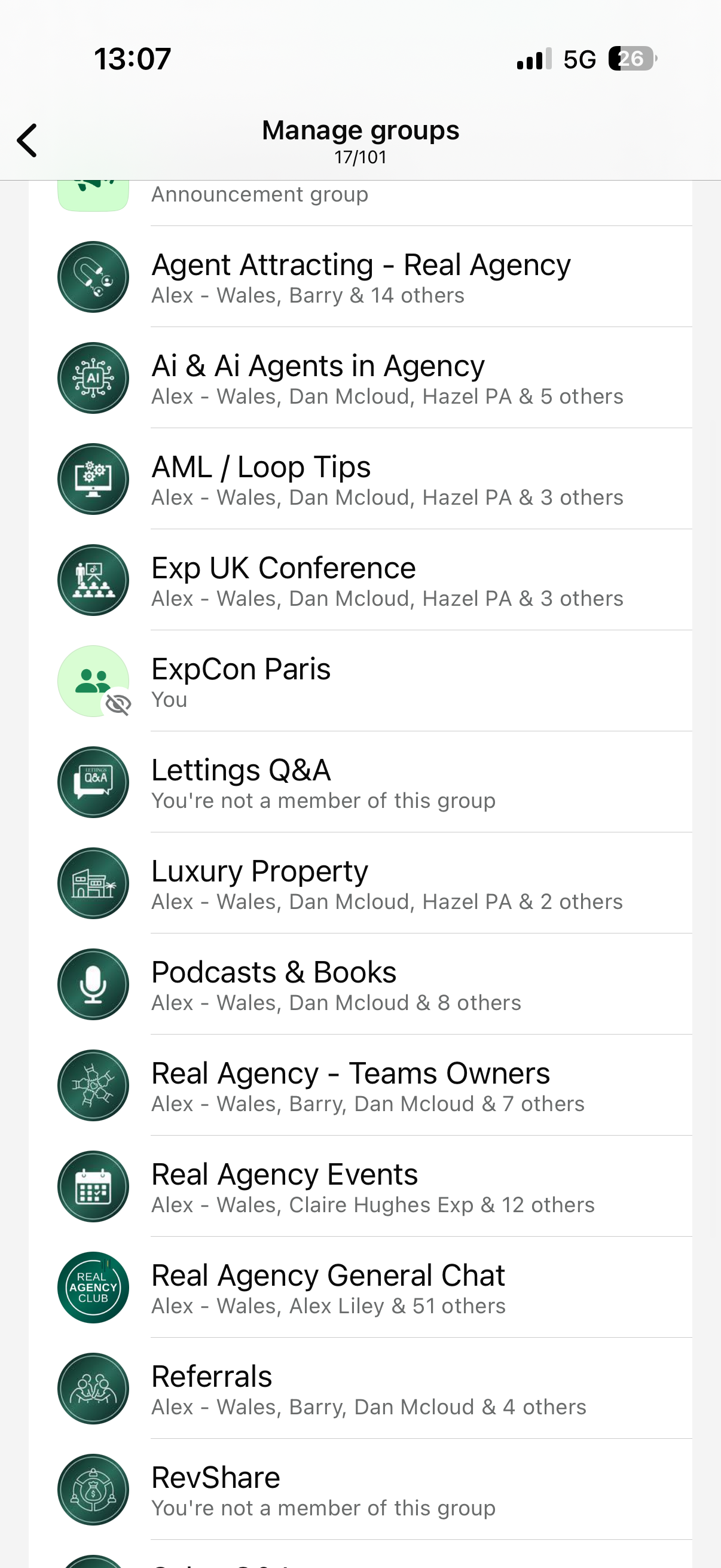 More of the WhatsApp group list inside the hub