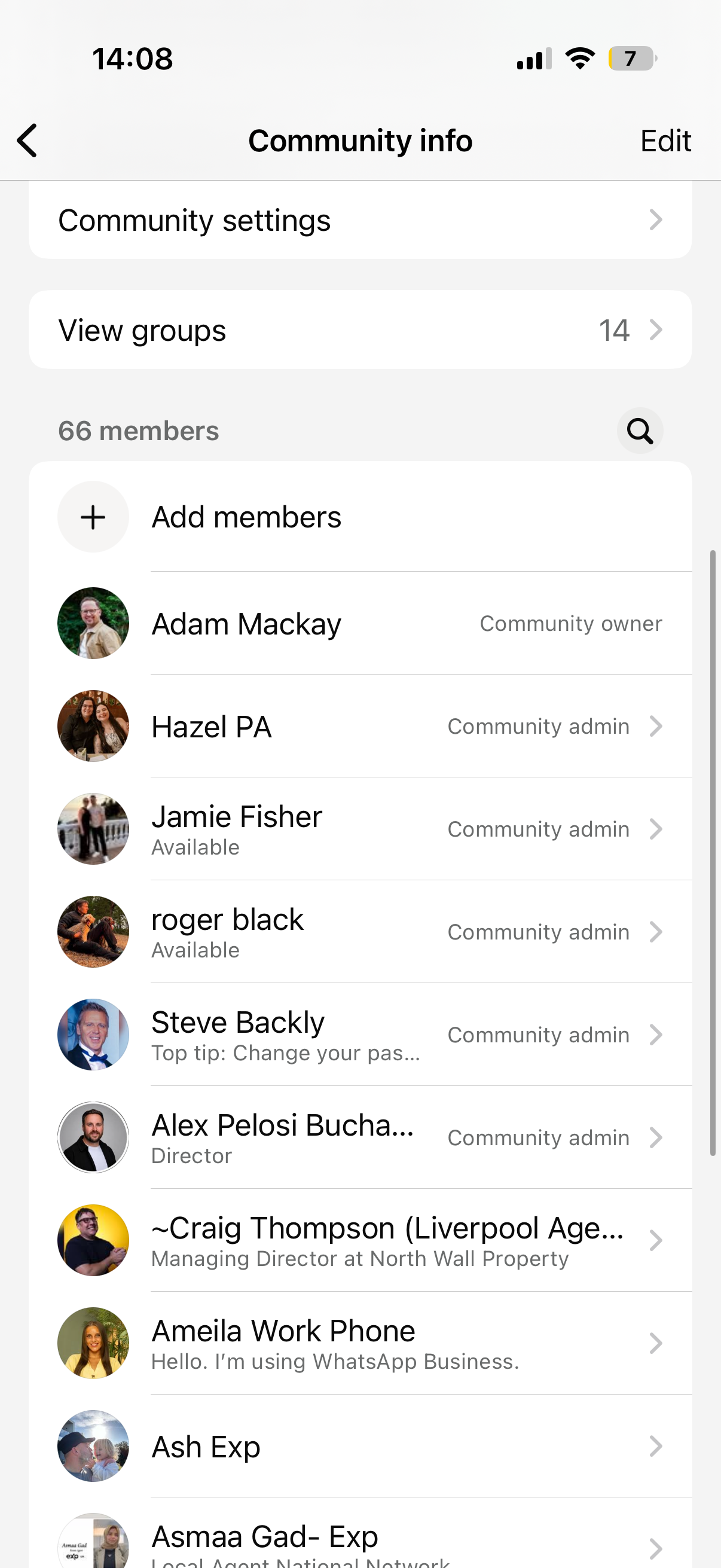 The WhatsApp community information and member list